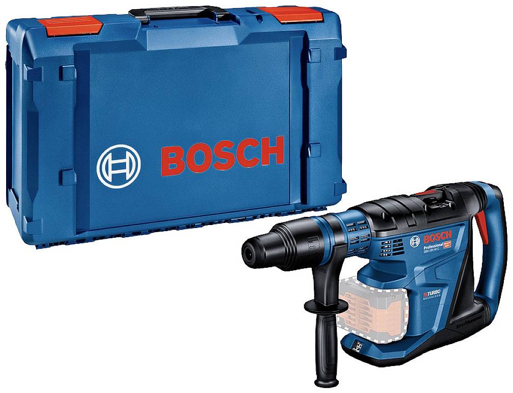 Egy kék Bosch-fúrókalapács kábellel, mellette balra egy hozzáillő szállítótáska. Mindkettő nehéz fúrási munkákhoz alkalmas.