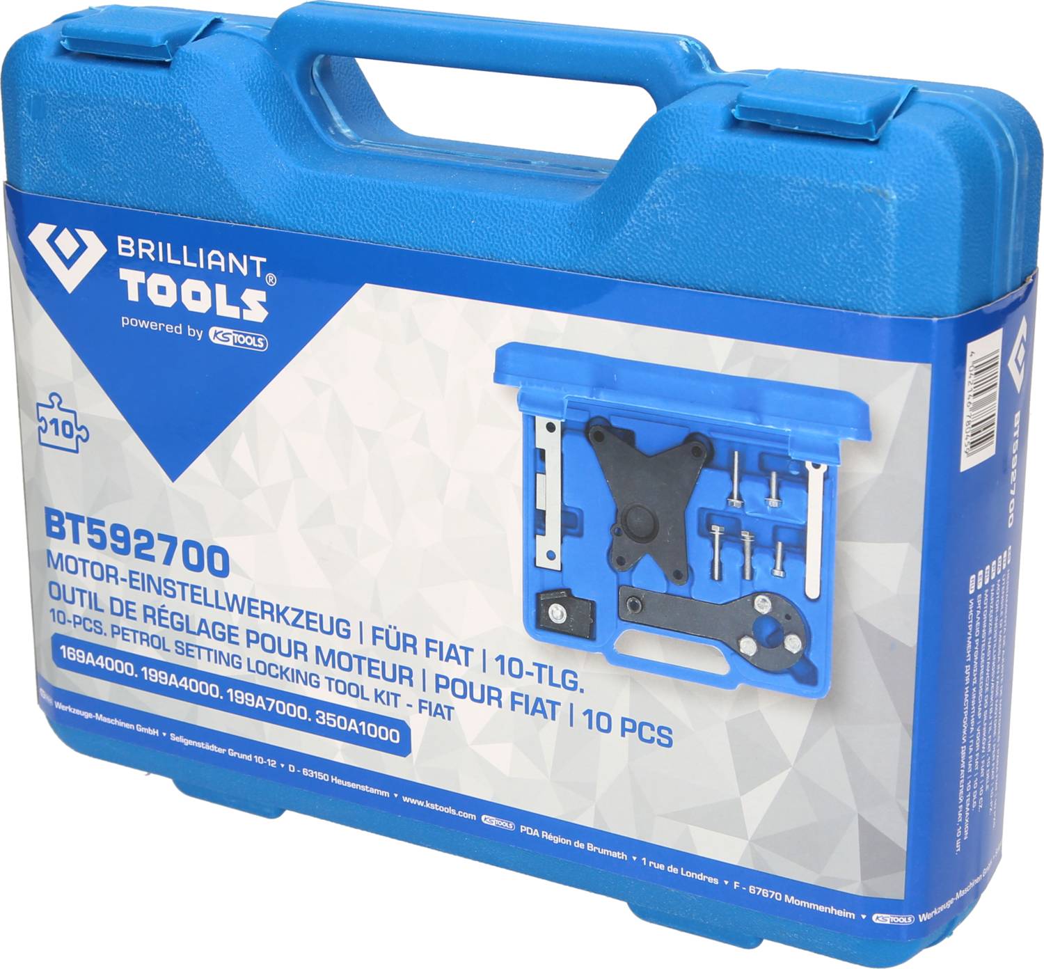 Kék műanyag koffer "BRILLIANT TOOLS" felirattal és egy 10 részes Fiat motor beállító szerszámkészlet képével.