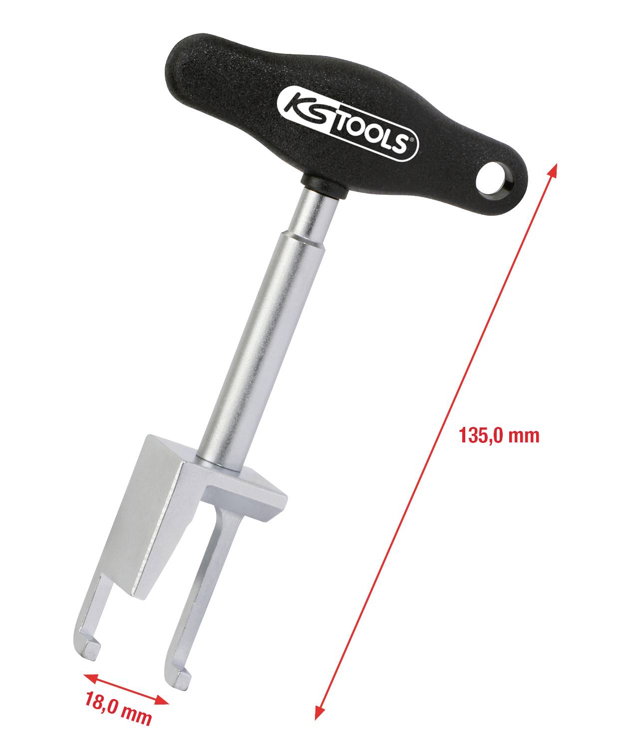 Egy T-fogantyús szerszám kétoldalú fém véggel 135 mm hosszú és 18 mm széles. A markolaton a 'KS TOOLS' márkanév szerepel.