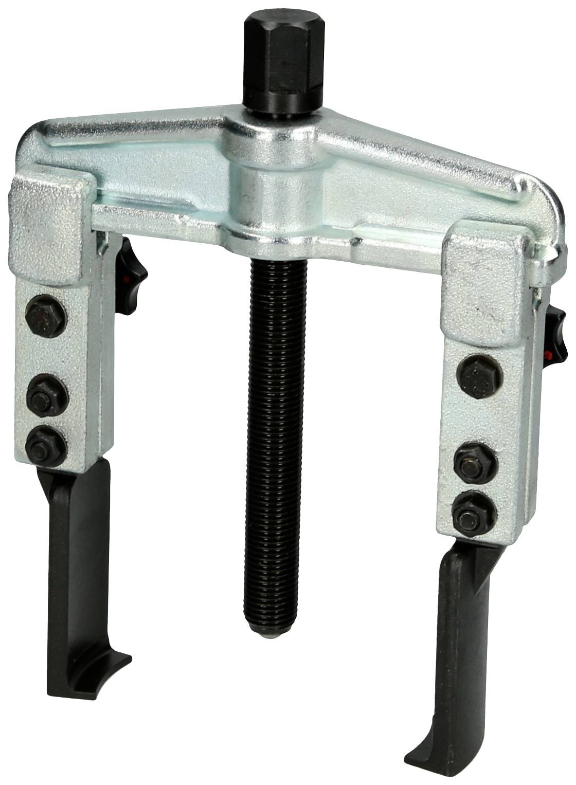 Egy háromkaros mechanikus lehúzó, fekete csavarral és ezüst házzal, amely rögzült alkatrészek kioldására szolgál.