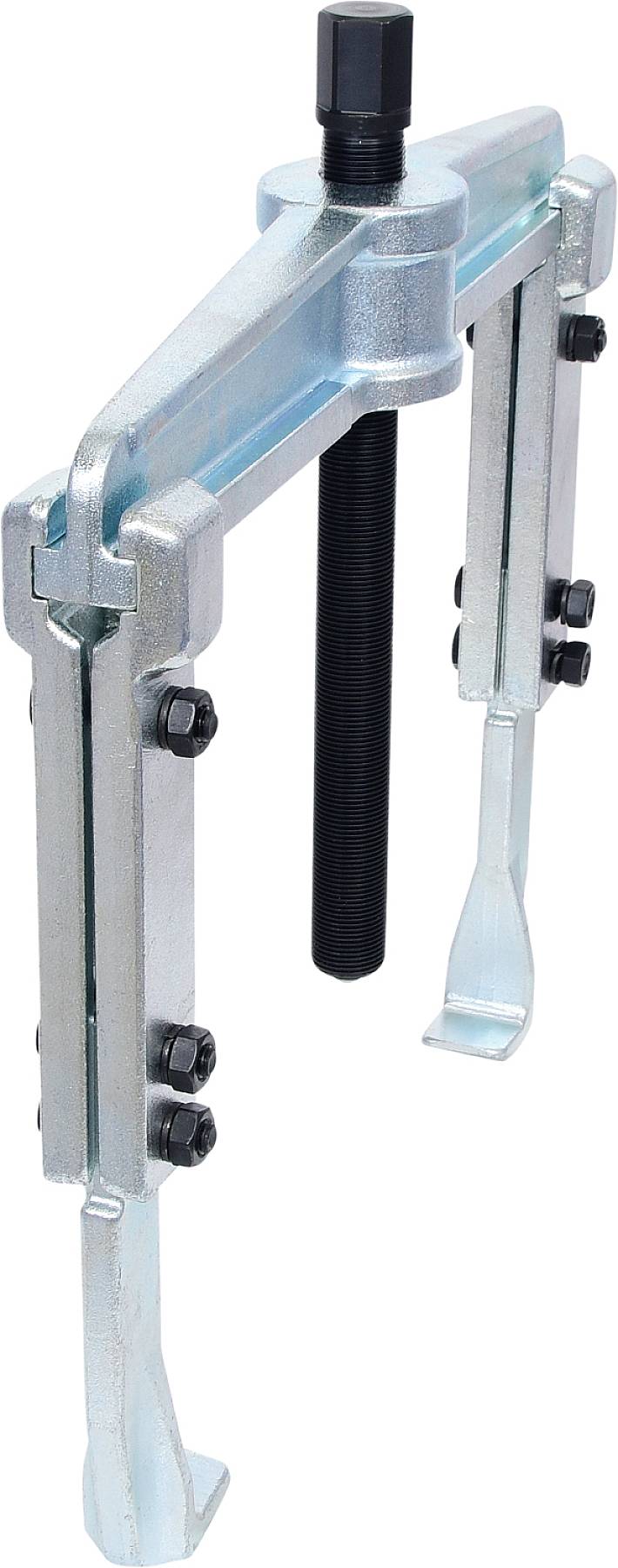 Egy kétlábú, fémből készült lehúzó, csavaros mechanizmussal, amelyet csapágyak vagy fogaskerekek eltávolítására terveztek, áll függőlegesen.