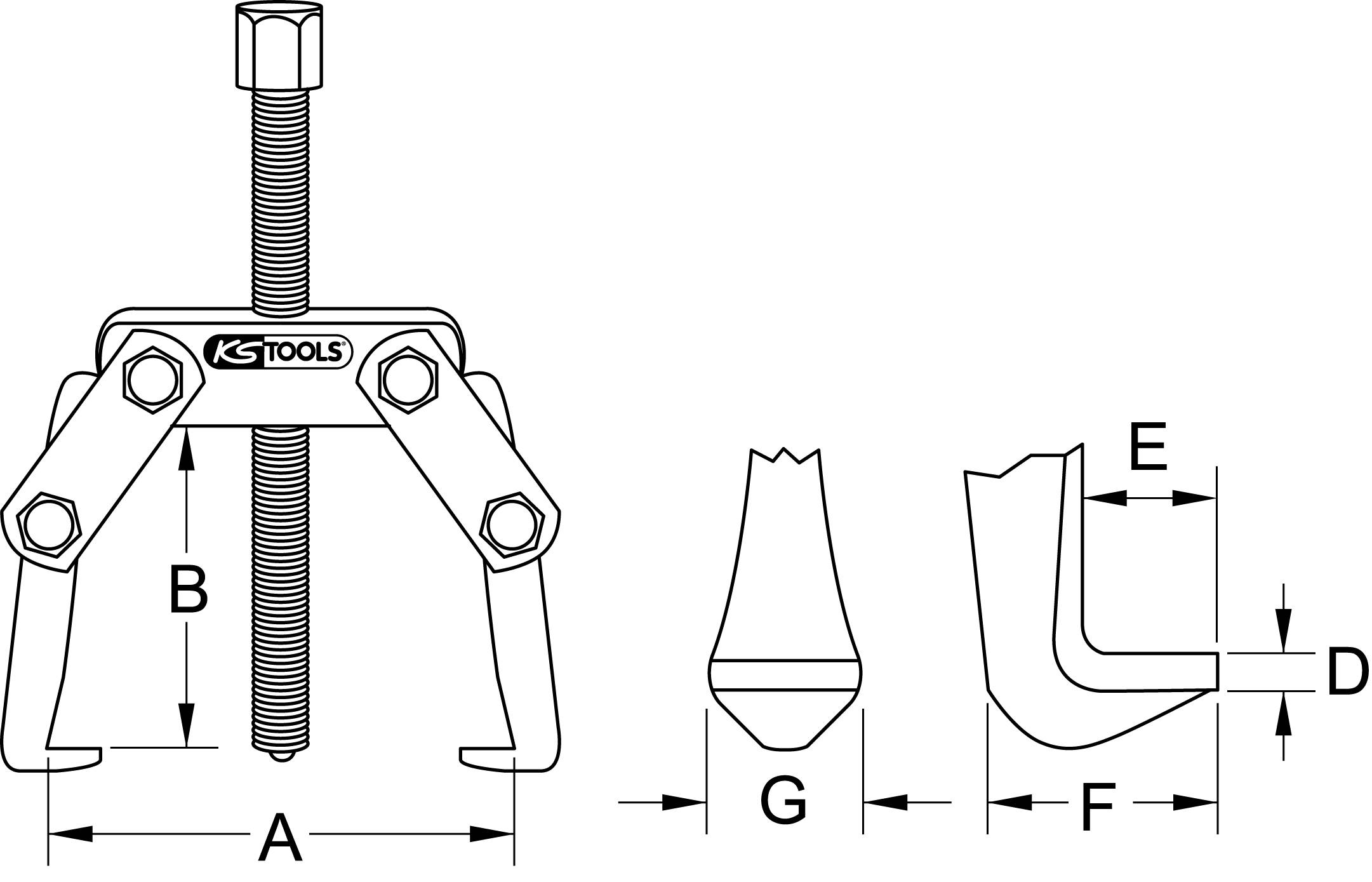 'KS Tools lehúzó' műszaki rajza méretekkel: A, B a lehúzó fogásszélessége, C, D, E, F, G a fogókarok méretei.