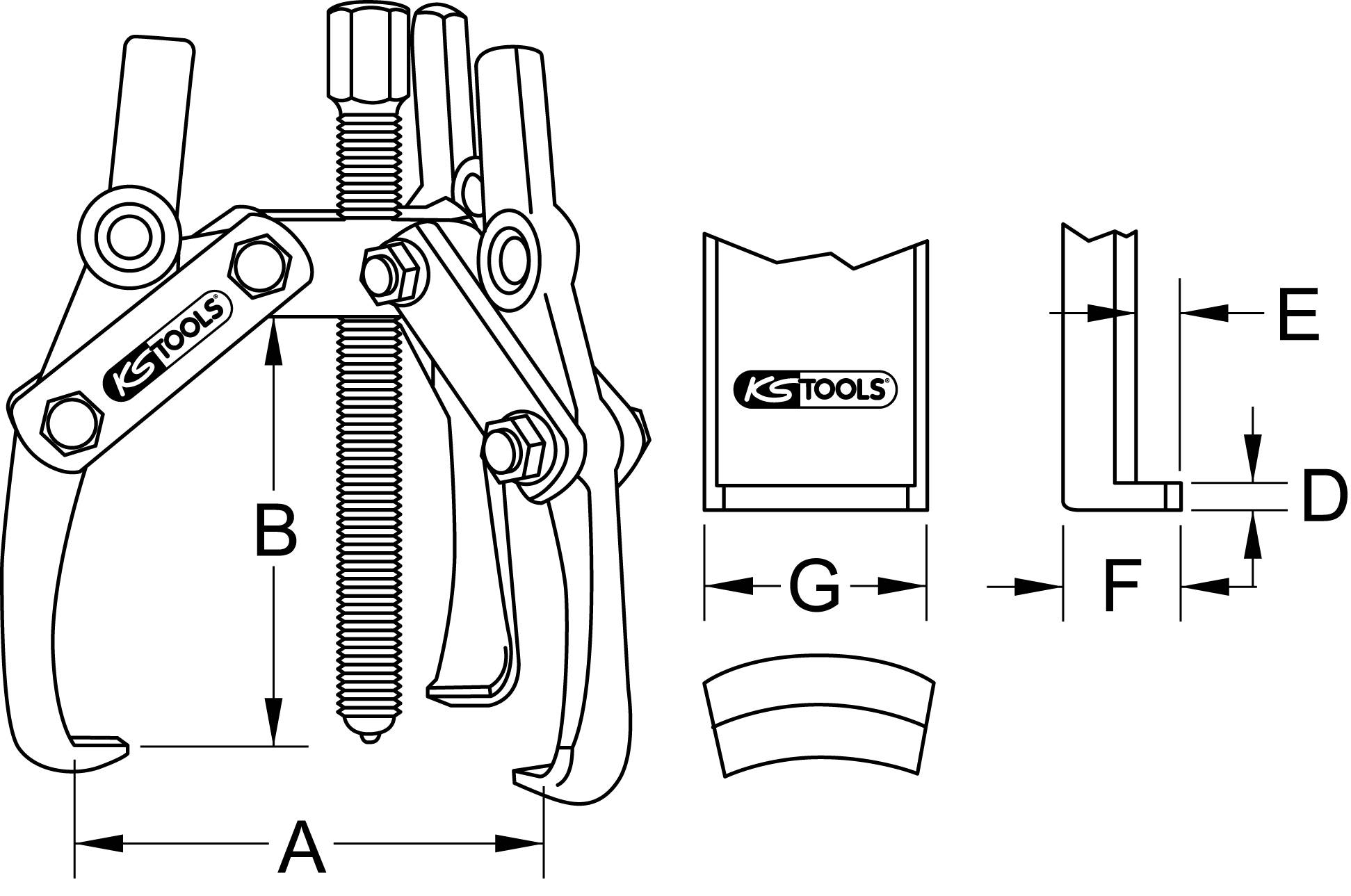 Egy háromkarú lehúzó műszaki rajza. Méretekkel ellátva: A, B, D, E, F, G, a pontos műszaki specifikációkhoz.