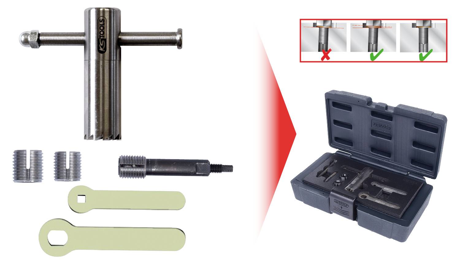 Menetjavító szerszámkészlet: Menetfúró, két betét, két villáskulcs, fekete táskában.