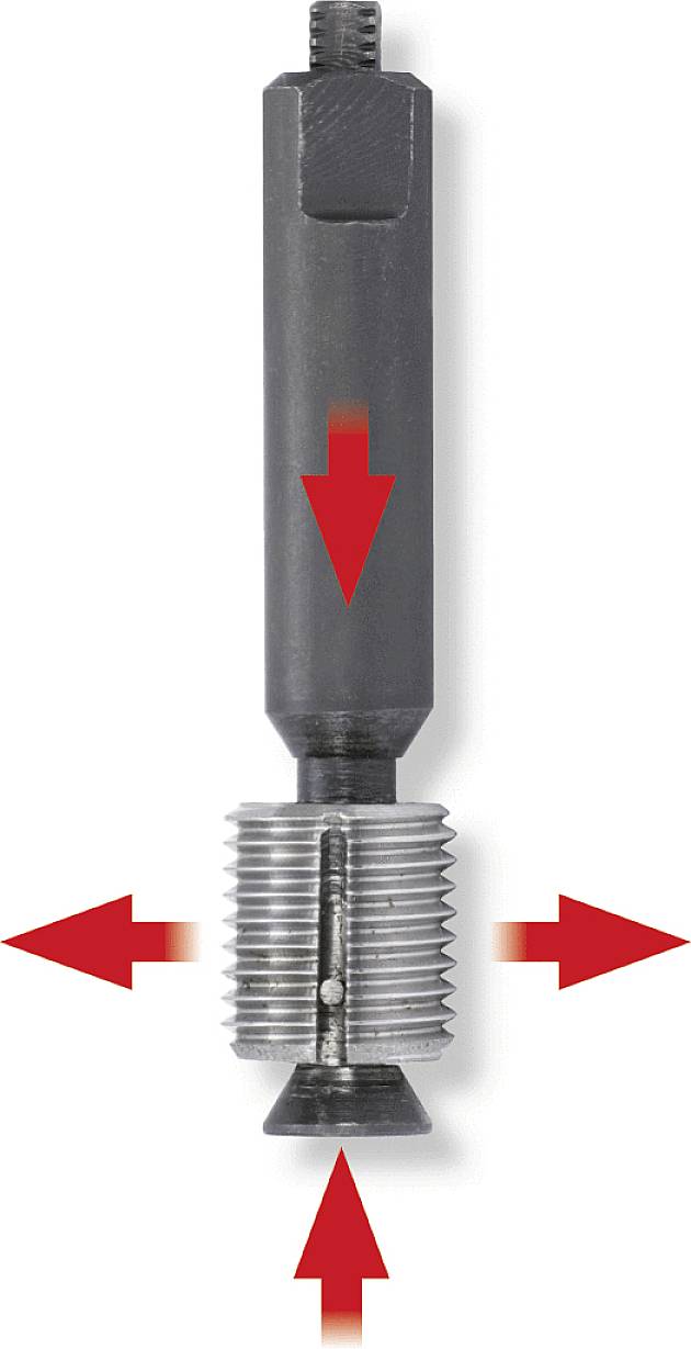 Egy fémeszköz képe, valószínűleg egy menetfúró, piros nyilakkal, amelyek felfelé, lefelé és oldalirányba mutatnak mozgásirányokat.