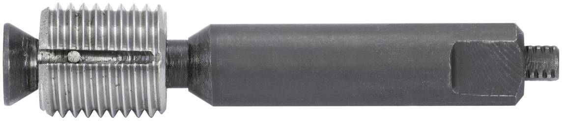 Egy fémes, hengeres menetmetsző hosszúkás markolattal, belső menetek megmunkálásához alkalmas eszköz.