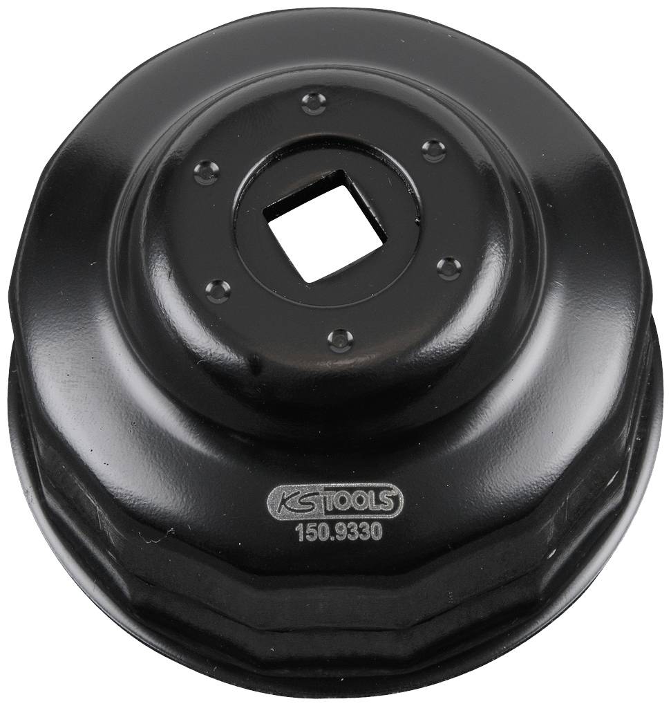 Fekete olajszűrő kulcs négyzet alakú nyílással felül, 'KS Tools' márka, modellszám '150.9330'. Gépjármű-szerszámok kiegészítője.