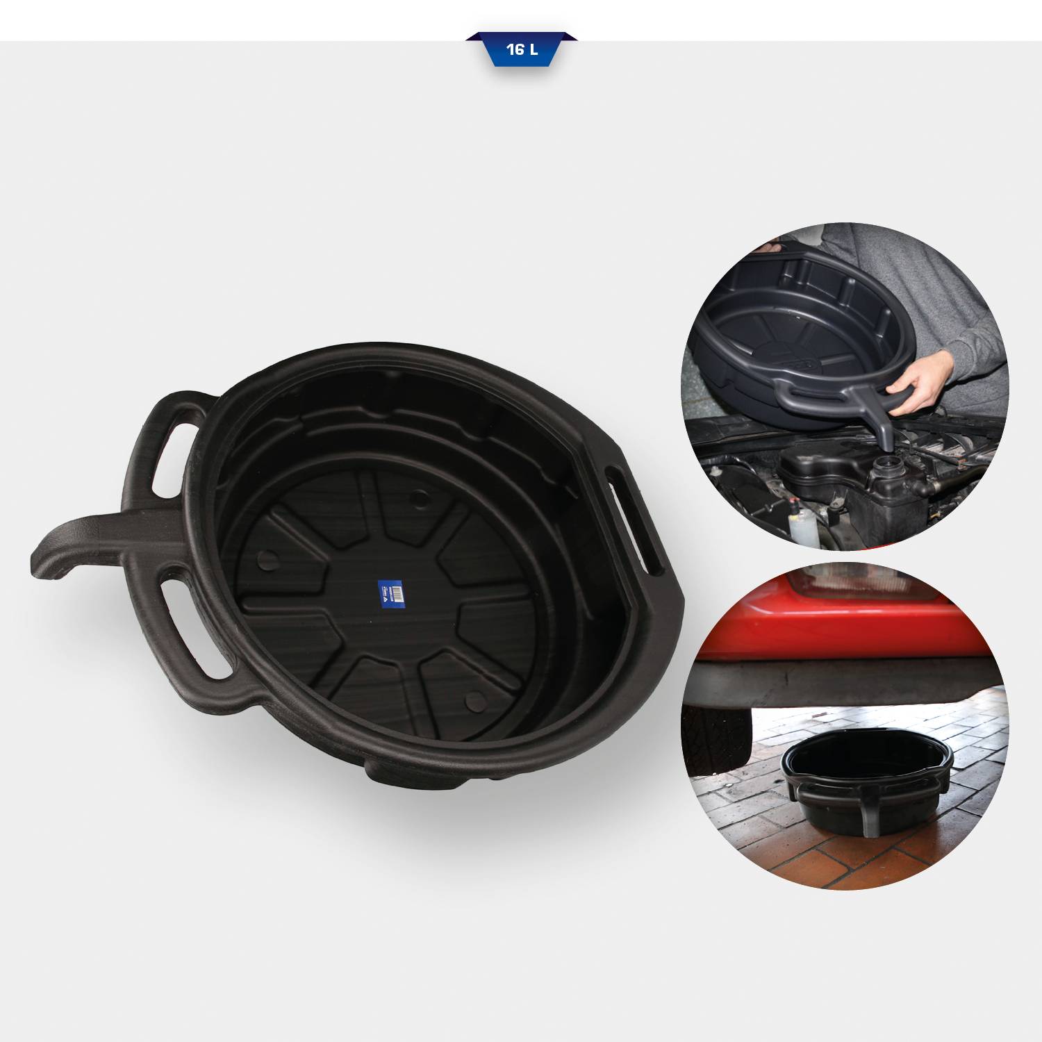 Egy fekete olajfogó tartály látható felülről. A betét mutatja a tartályt, amint egy piros autó alá helyezik egy olajcsere során.