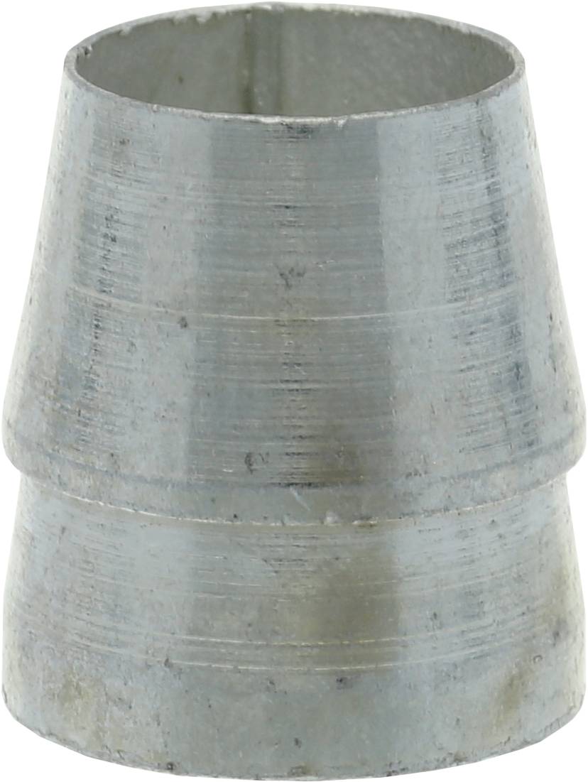 Egy ezüstös fémes adapter, kúp alakú, két különböző szélességű véggel, kiválik egyenletes szerkezetével.