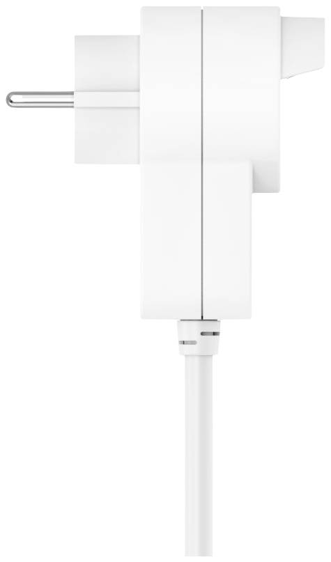 Egy fehér USB-hálózati adapter európai csatlakozóval, oldalnézetben. A kábel az alsó végén csatlakoztatva van.