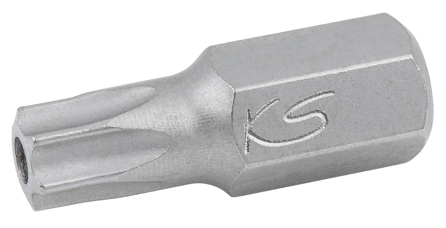 Egy ezüstszínű Torx-bit, amelynek az oldalán bevésett 'KS' iniciálék vannak, csavarkapcsolatok rögzítéséhez használva.