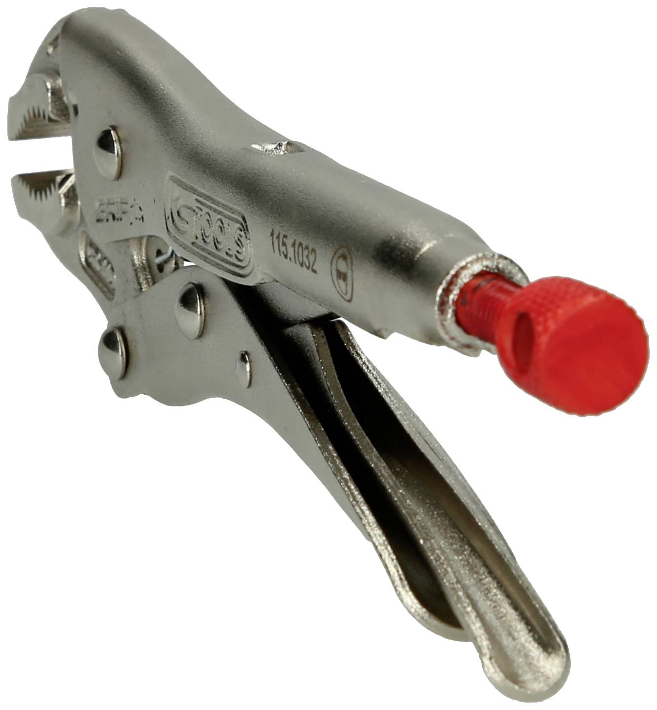 Piros gumis markolatú fémcsipesz, nyitott állapotban a beállítócsavarral. Használható tárgyak rögzítésére és tartására.