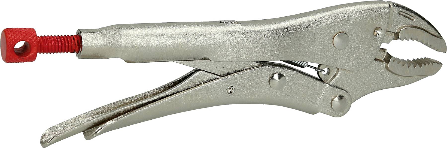 Ezüstszínű rögzítőfogó piros csavarmenetes mechanizmussal, hasznos javítási és karbantartási munkákhoz.