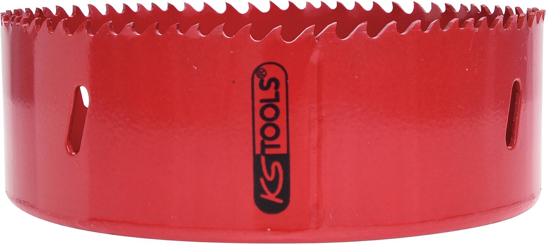 Piros lyukfűrészlap éles, fogazott élekkel és a 'KS Tools' felirattal. Nagyméretű lyukak fúrására használják különböző anyagokban.