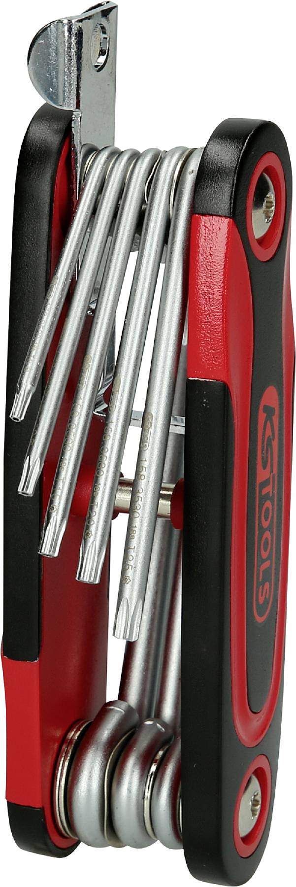 Egy többméretű, összehajtható imbuszkulcs-készlet. Fekete-piros dizájn fémrészekkel. A 'KS Tools' márkanév az oldalán látható.