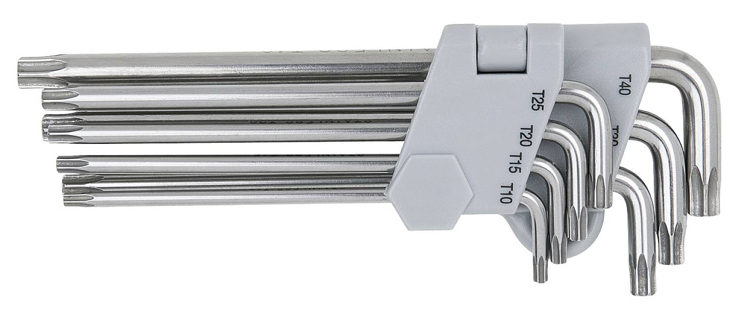 Egy T-kulcsok szett egy szürke tartóban, T10-től T40-ig számozva. A kulcsok fémből készültek és Torx-fejjel rendelkeznek.