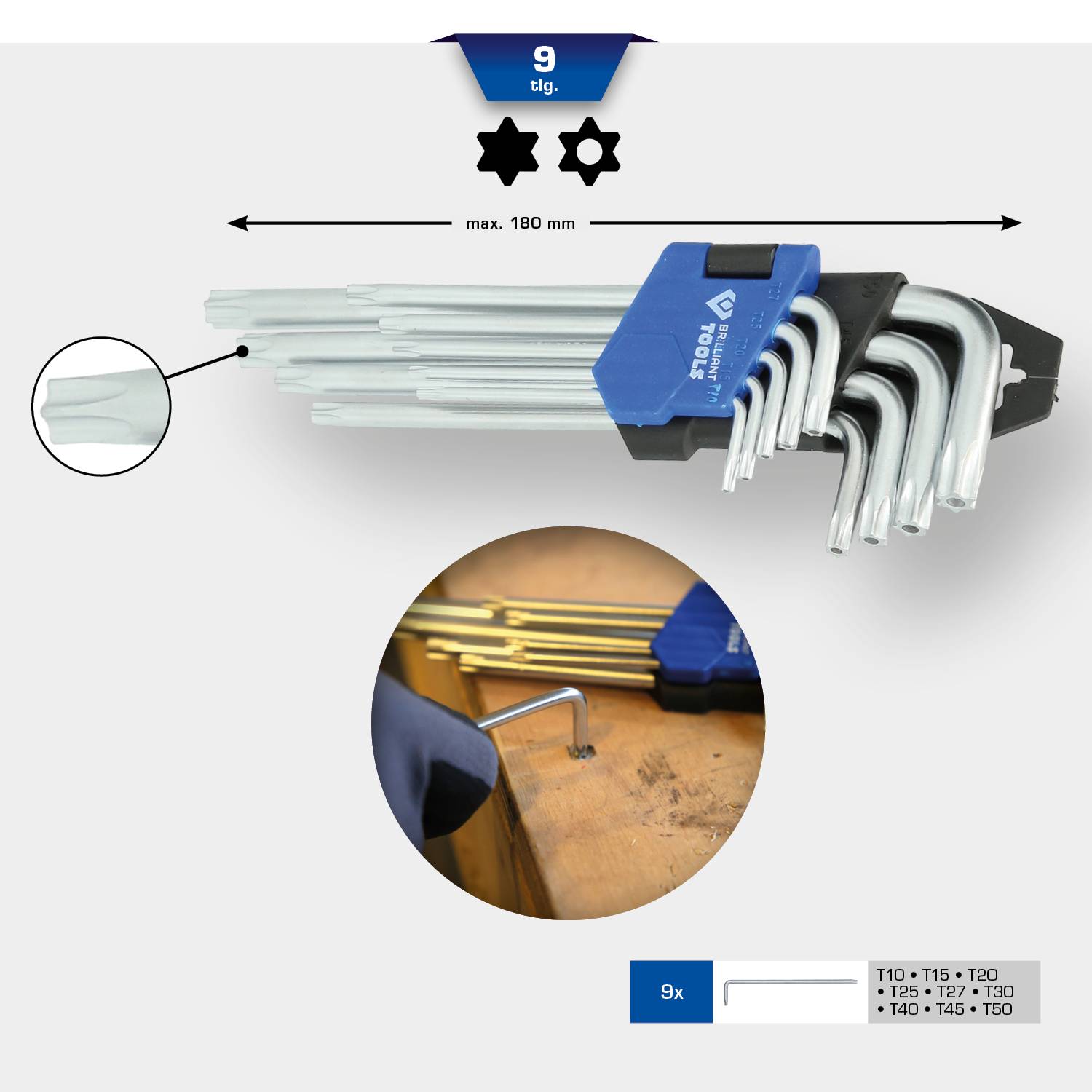 Kilenc darabos csavarkulcs-készlet különböző méretekkel. Maximális hosszúság: 180 mm. A csomagolás tartalmazza a kulcsok felsorolását.