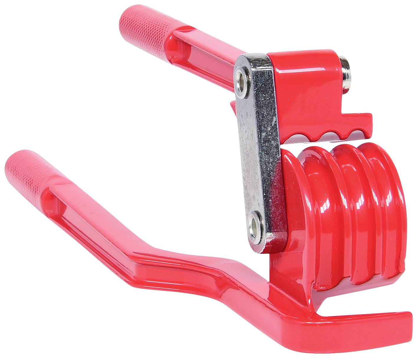 Piros műanyag nyél fémmerevítéssel és fogazott pengékkel, amelyet precíziós vágások vagy szeletelések elvégzésére használnak élelmiszerek esetében.