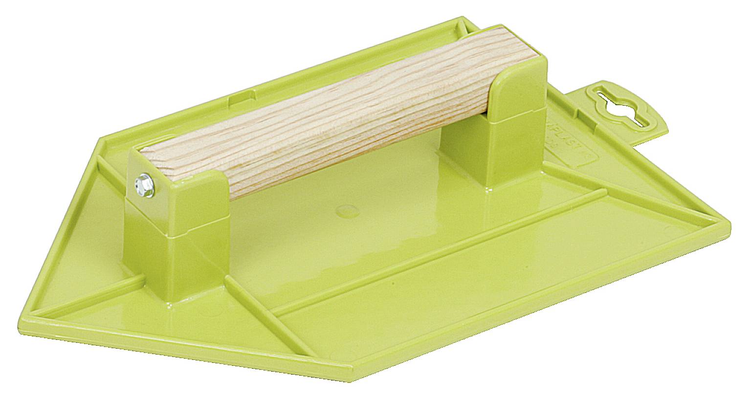 Egy zöld simító deszka fa nyéllel, amelyet cement vagy vakolat felületek formázására és elsimítására használnak.