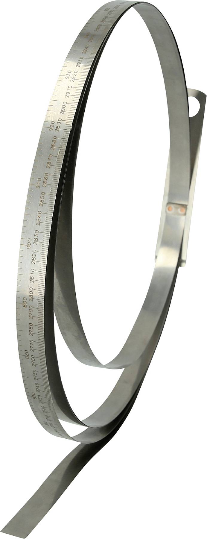 Fémszalagmérő hurokkal és nyomtatott skálával. Alkalmas nagy tárgyak kerületének vagy hosszának mérésére.