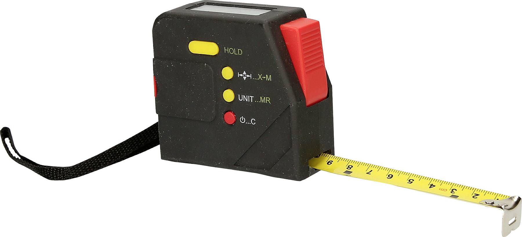 Fekete és piros digitális mérőszalag, kihúzott sárga mérőszalaggal, kijelzővel és kezelőgombokkal az oldalán.