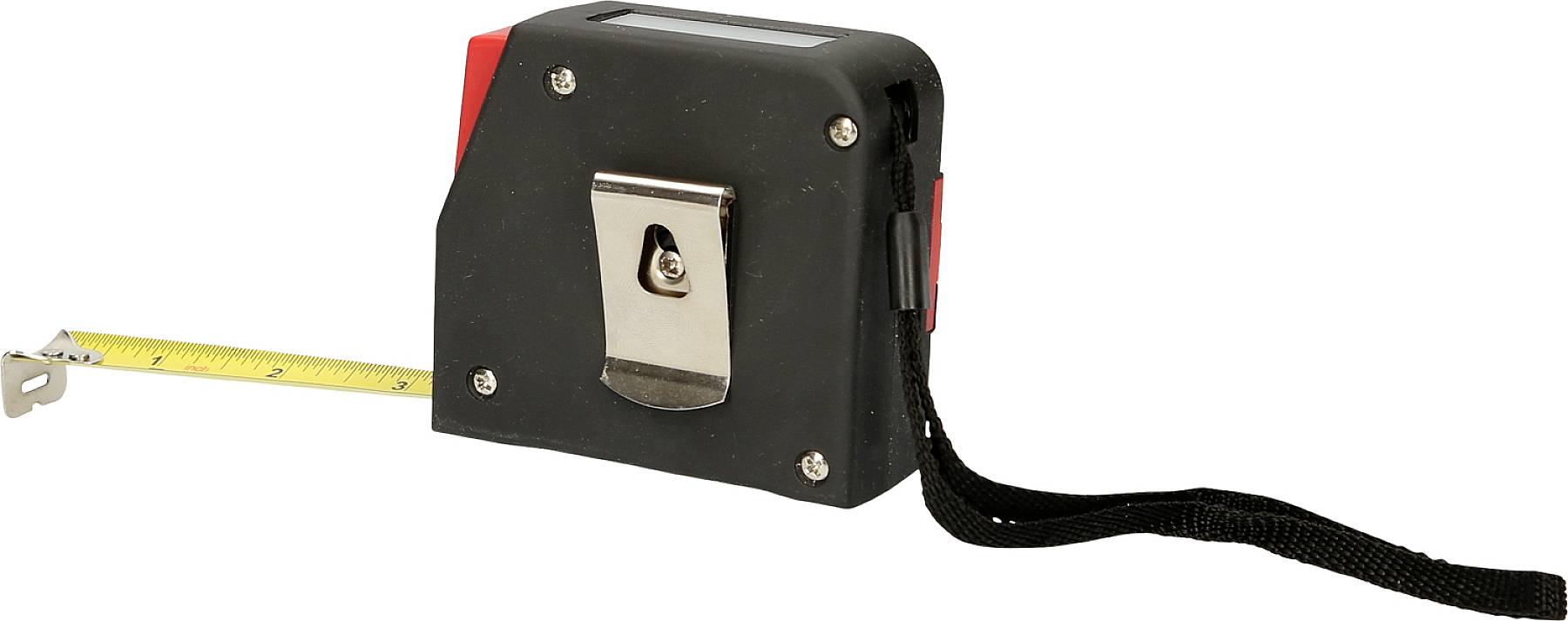 Fekete mérőszalag kihúzható sárga mérőszalaggal és fémkapoccsal az oldalán. Ideális hosszúságok és távolságok méréséhez.