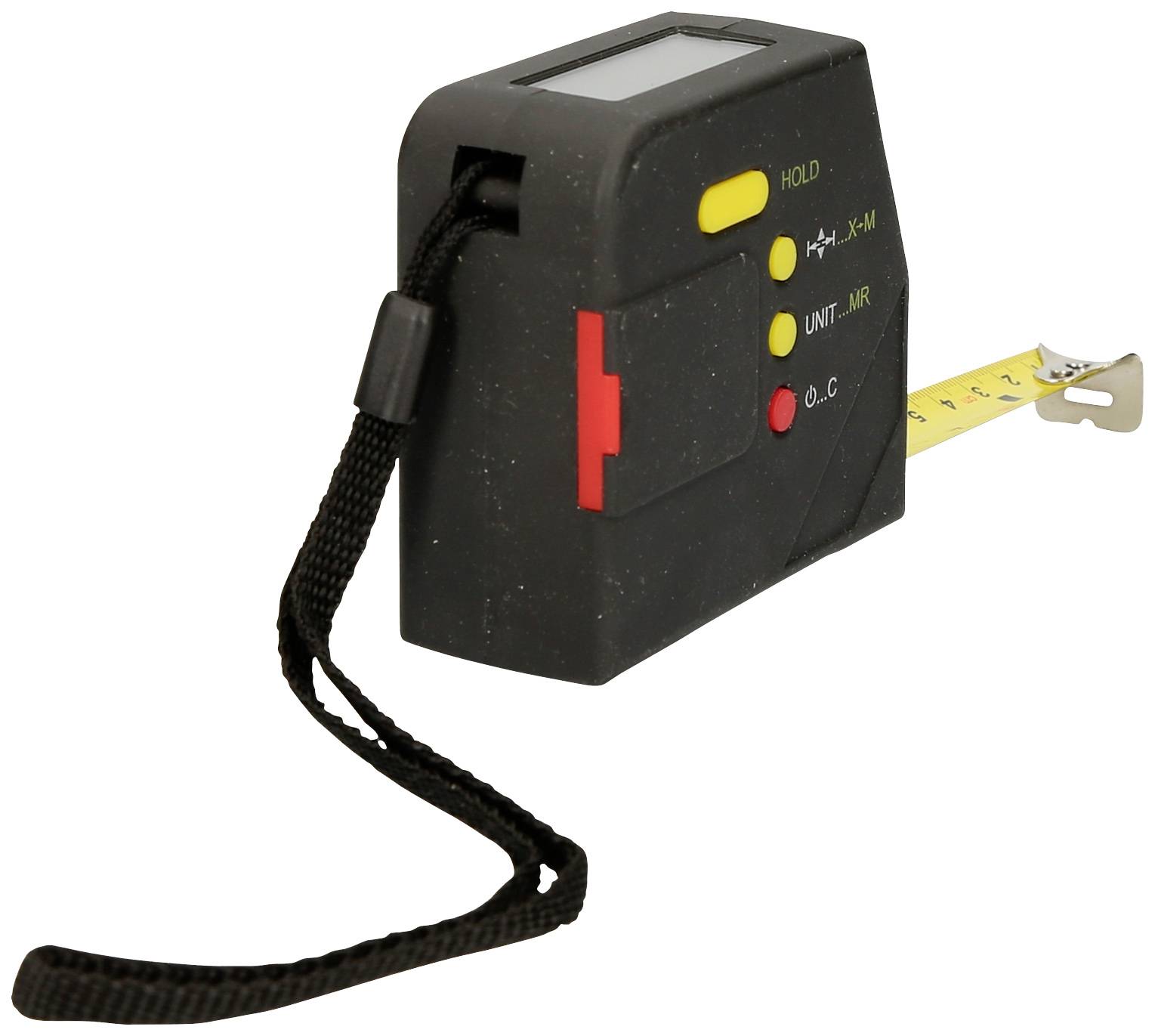 'Egy fekete lézeres távolságmérő sárga mérőszalaggal és hordszíjjal.'