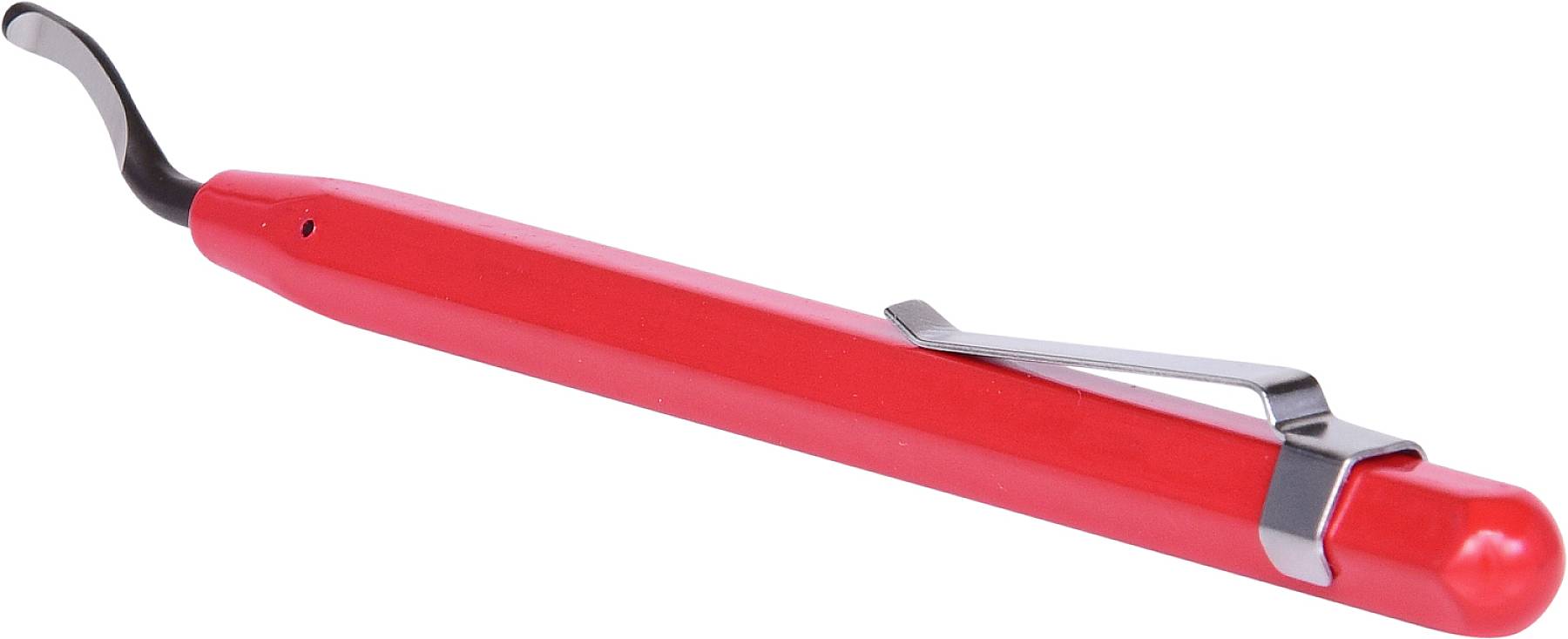 Egy piros kézi sorjázó ergonomikus markolattal és fekete pengével. Ideális műanyag és fém felületek sorjázásához.