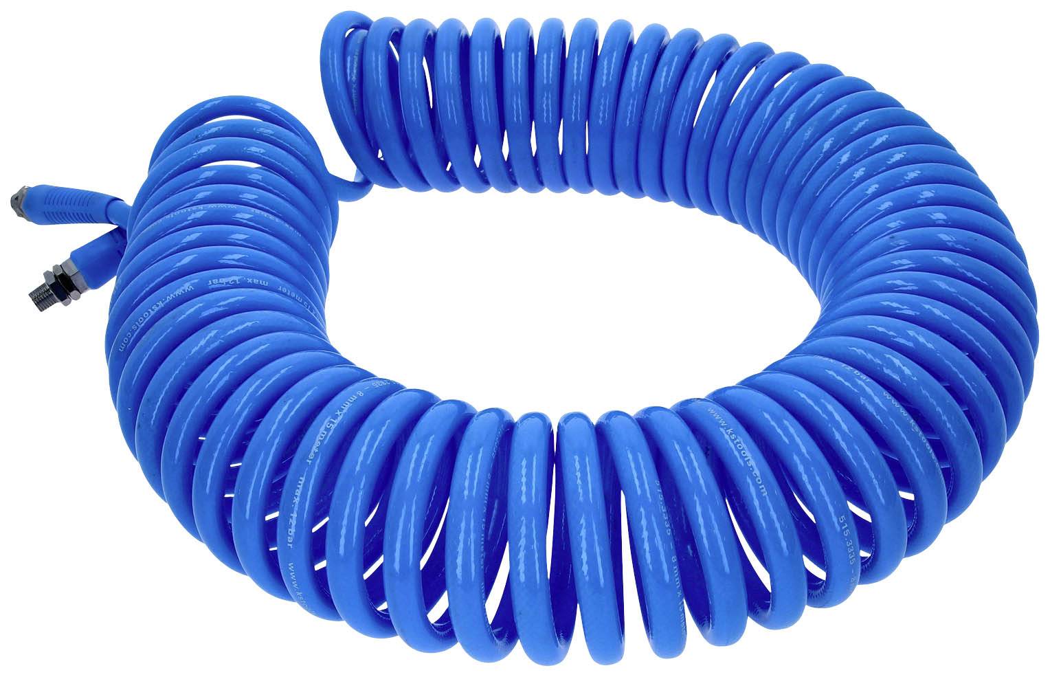 Kék spirál kerti tömlő, feltekerve. Alkalmas kerti vagy műhelyi használatra.