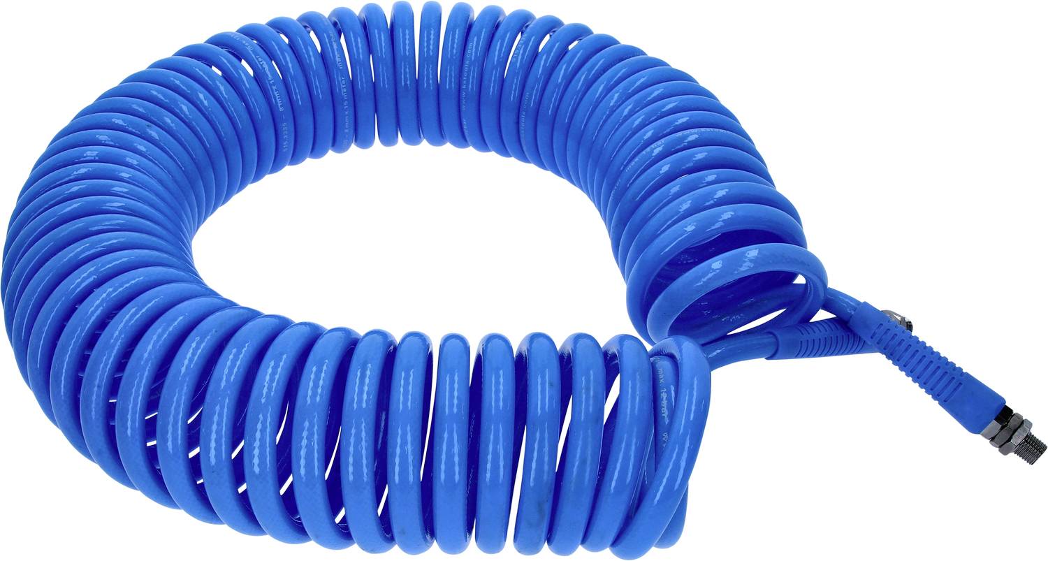 Egy kék, spirálisan tekeredő légcső, csatlakozódarabokkal mindkét végén, amelyet gyakran nyomáslevegős rendszerekben alkalmaznak.