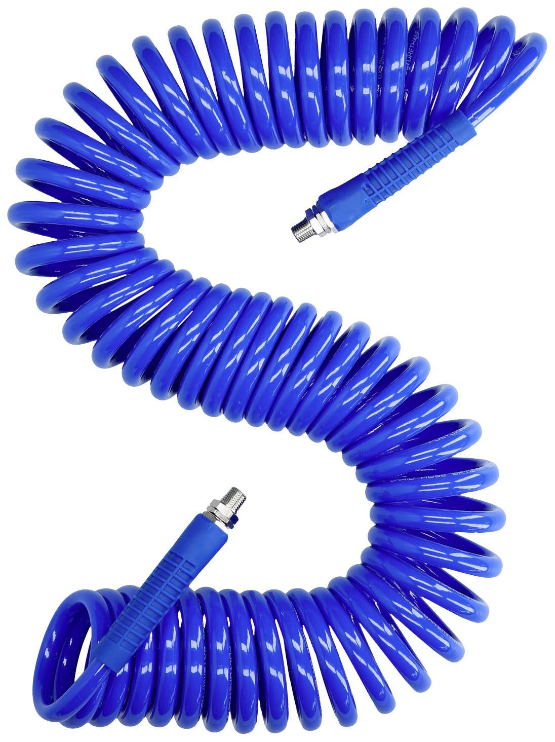 Kék, spirál alakú levegőcső fém csatlakozókkal mindkét végén, alkalmas nyomáslevegős felhasználásra.