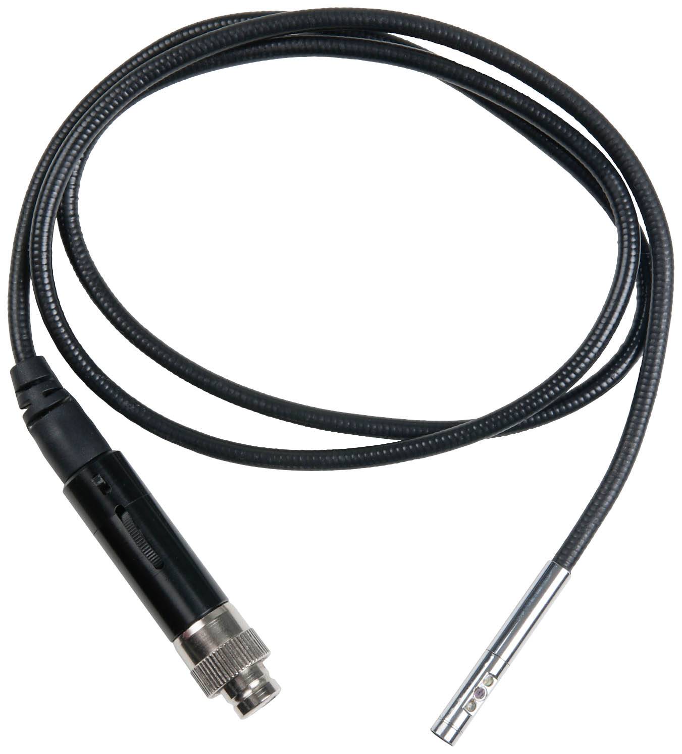 Egy fekete, hosszúkás mikrofonkábel fém csatlakozóval és mikrofonkapszulával, alkalmas hangfelvételekhez és hangalapú alkalmazásokhoz.