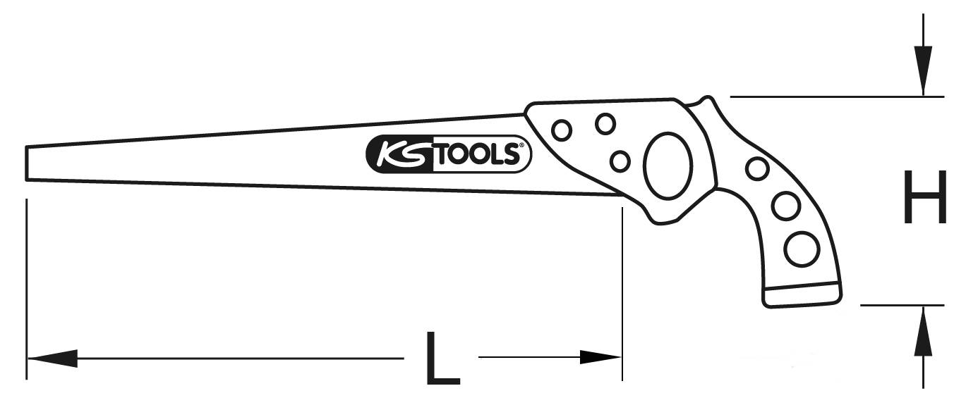 Kézi fűrészállvány mutatja a pengével jelölt 'L' hosszúságot és 'H' magasságot, ergonomikus fogantyúval és KS Tools logóval.