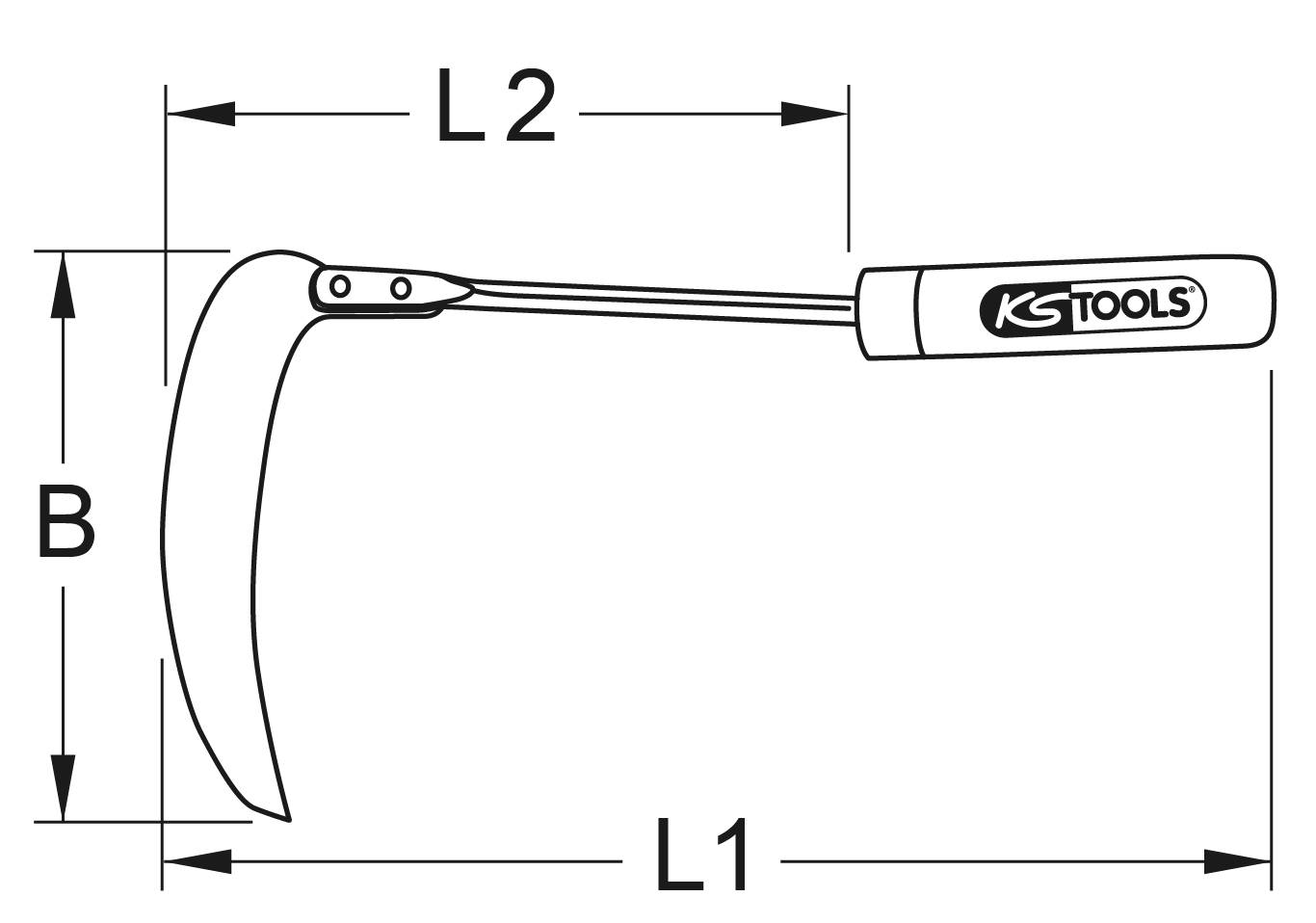 A KS Tools szerszámfejsze méretrajza, amelyen az L1, L2 és B dimenziók nyilakkal jelölve vannak a méret meghatározásához.
