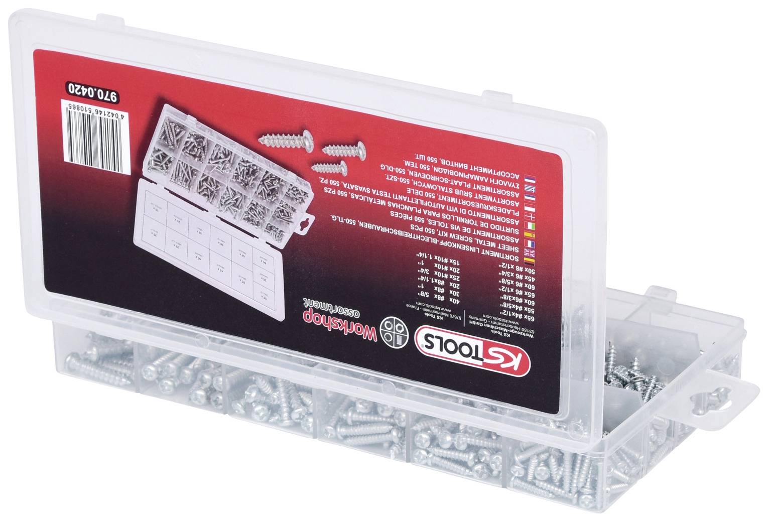 Egy átlátszó műanyag doboz, amely különböző csavarokat tartalmaz, az etikettjén a 'KS Tools' márkát mutatja, és egy táblázat ábrázolását tartalmazza.