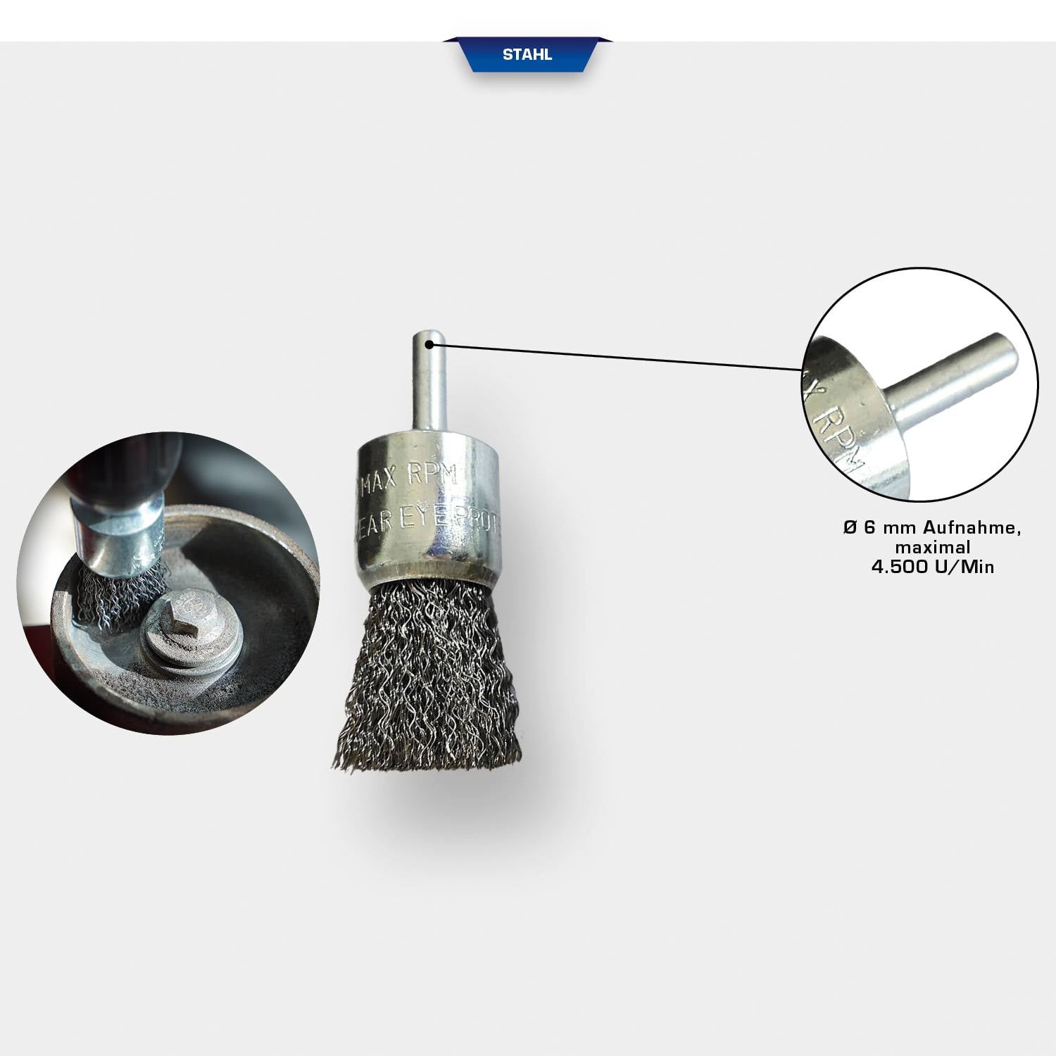Acél drótkorong 6 mm-es befogással, max. 4.500 ford/perc. A részletfelvétel a használatát mutatja egy fémfelületen.