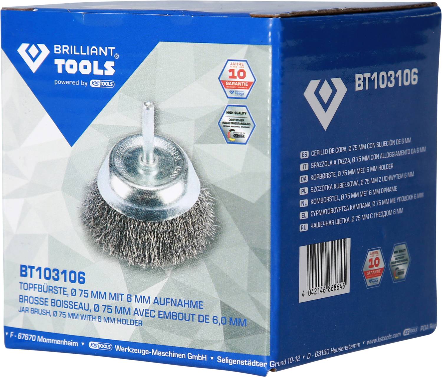 'Brilliant Tools Csészekefe BT103106, Ø 75 mm, 6 mm befogással, 4500 ford/perc. Alkalmas tisztítási és rozsdamentesítési munkákhoz.'