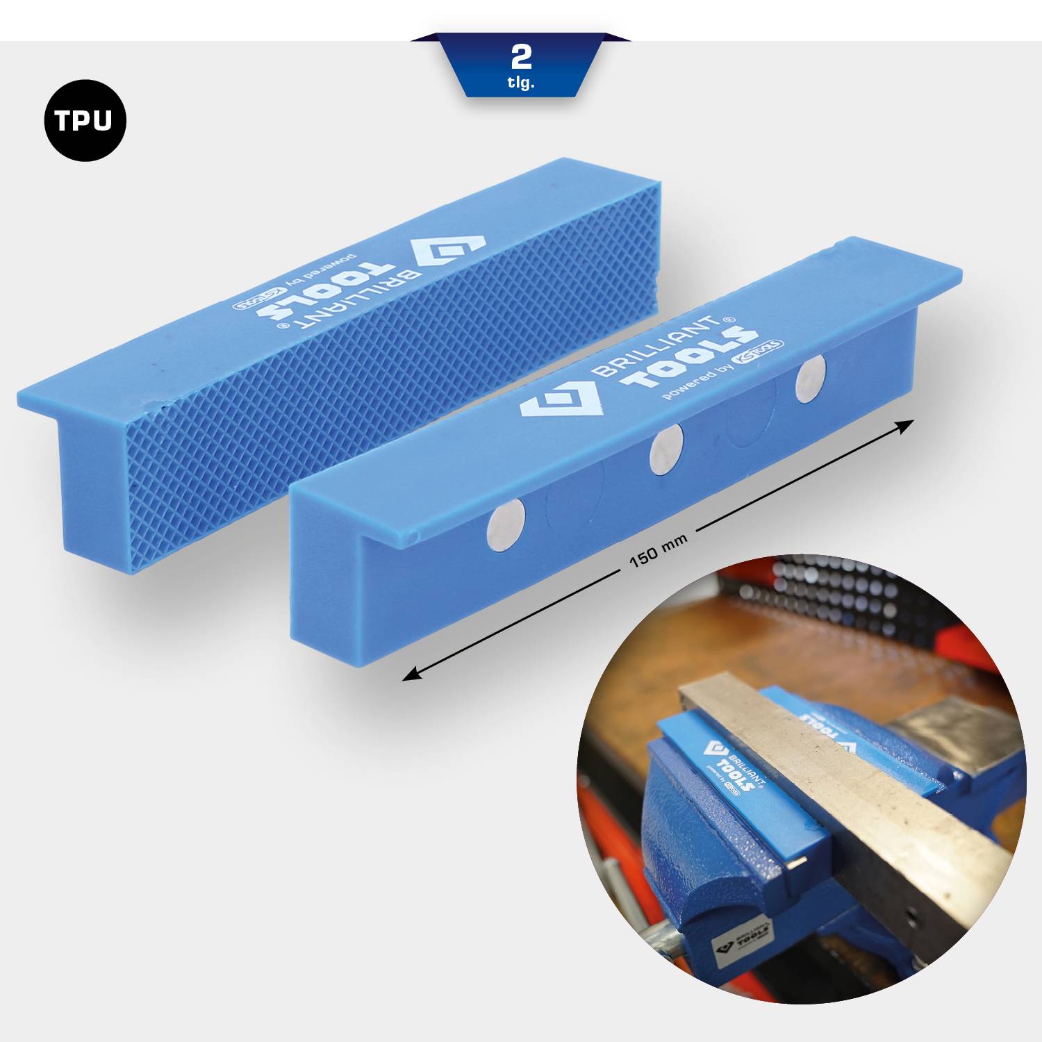Két kék TPU-szorítópofát, amelyek 150 mm hosszúak, két fehér mágneses pont jelzi a munkafogók kompatibilitását. A kép alsó részén: alkalmazás munkapadszorítóban.