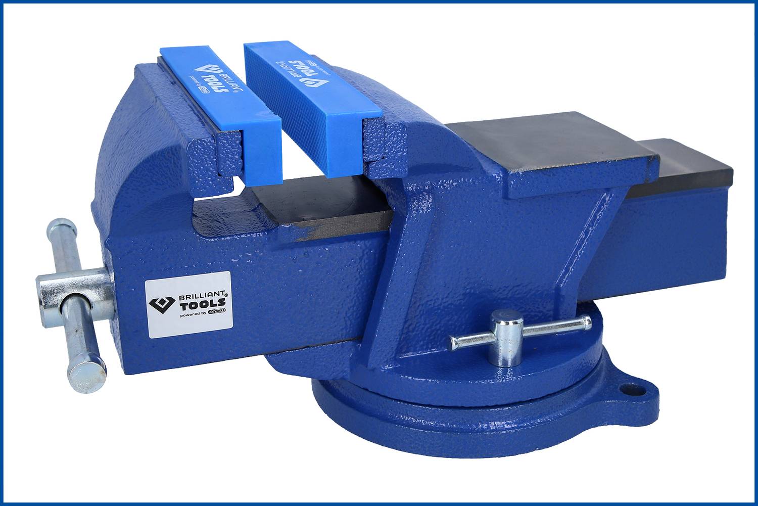 Egy kék satú ezüstösorsóval és mozgatható pofákkal, forgótalpon rögzítve.