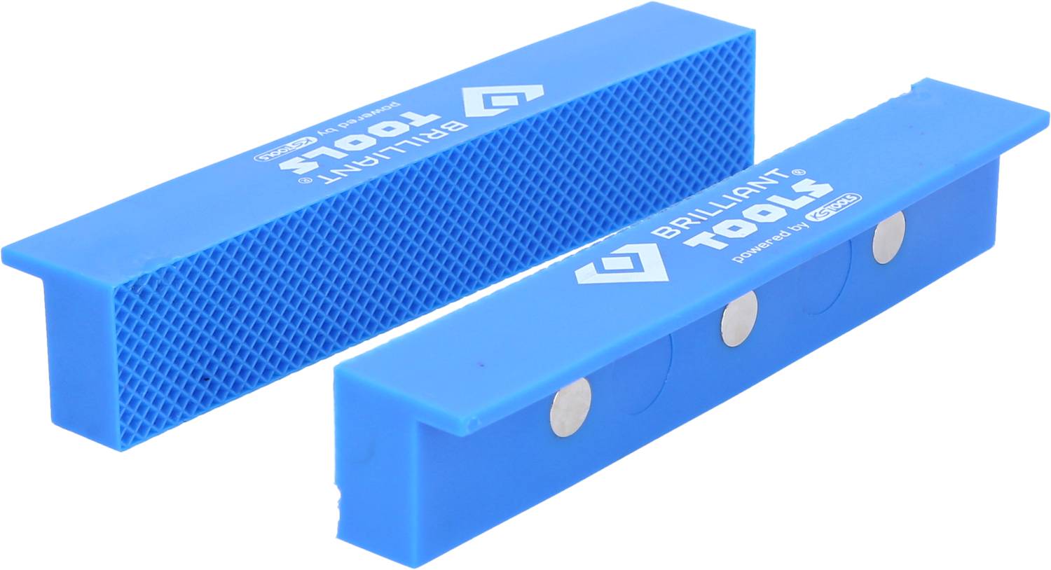 Két kék védőpofa szerszámokhoz, mágneses felülettel az egyik oldalon, amelyen a 'Brilliant Tools' felirat szerepel. Alkalmas érzékeny munkadarabok védelmére.