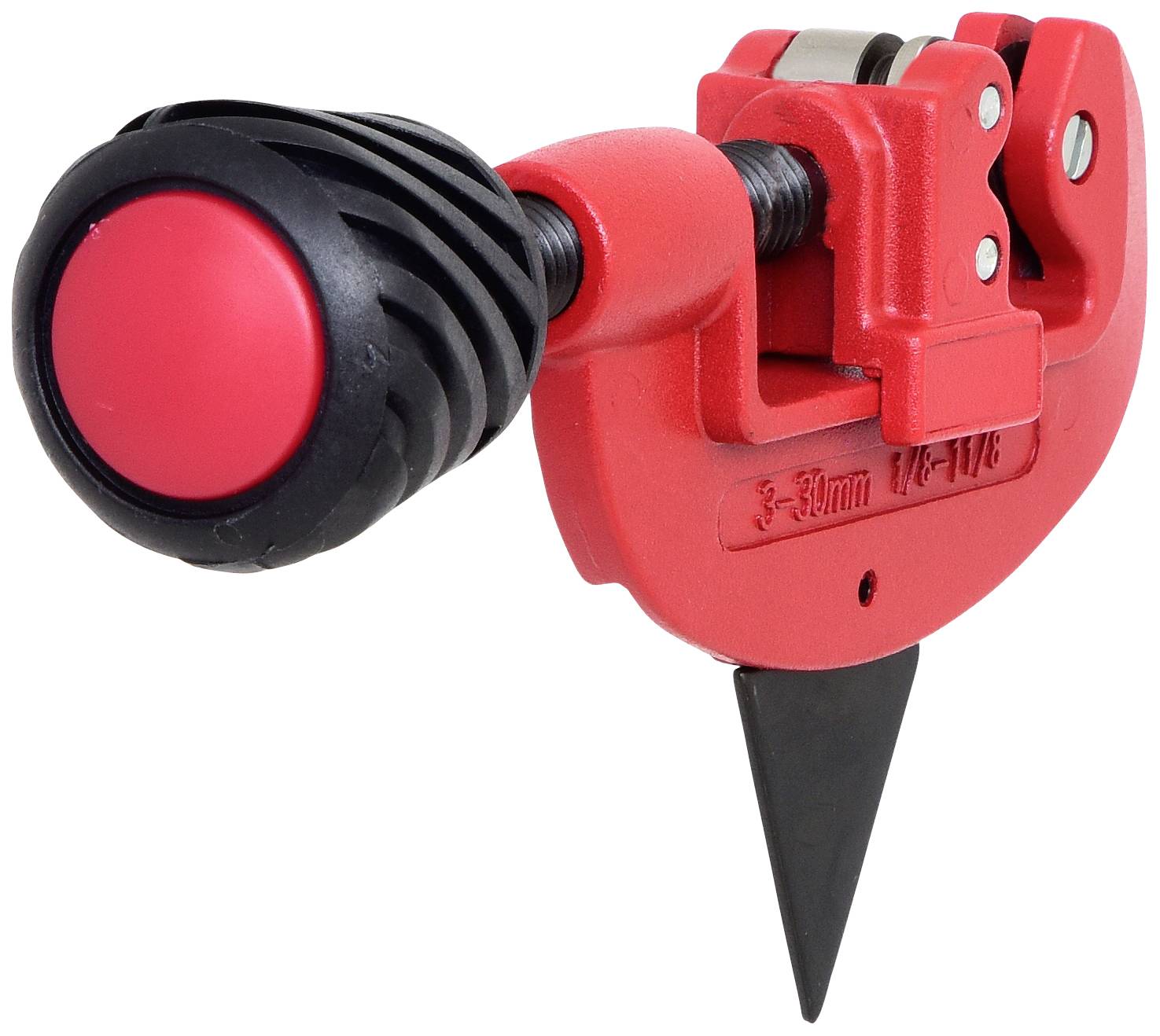 Egy piros csővágó fekete fogantyúval és állítható vágómechanizmussal, alkalmas 3-30 mm átmérőjű csövek vágására.