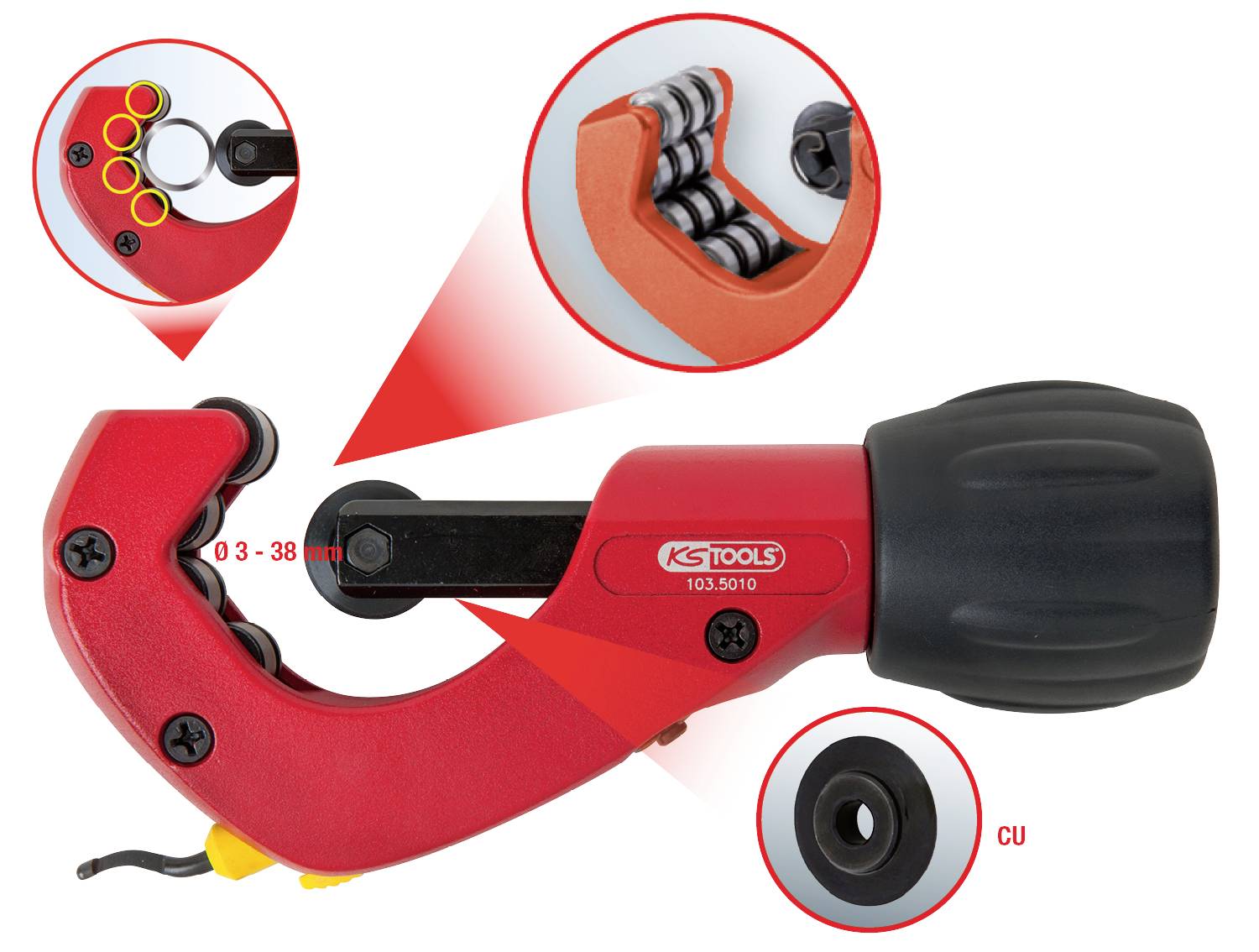 Csőmetsző állítható vágószerkezettel, 3-38 mm átmérőjű csövekhez, kifejezetten rézcsövekhez (Cu).