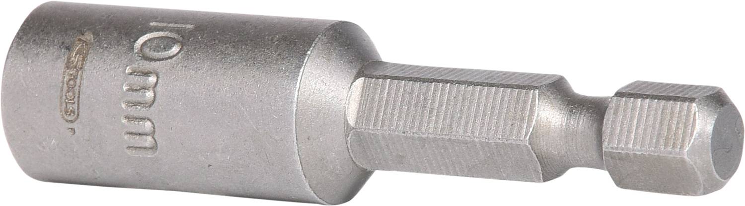 Fém bit adapter, hatszögletű, '10 mm' gravírozott jelöléssel, csavarhúzóhoz vagy fúrógéphez.