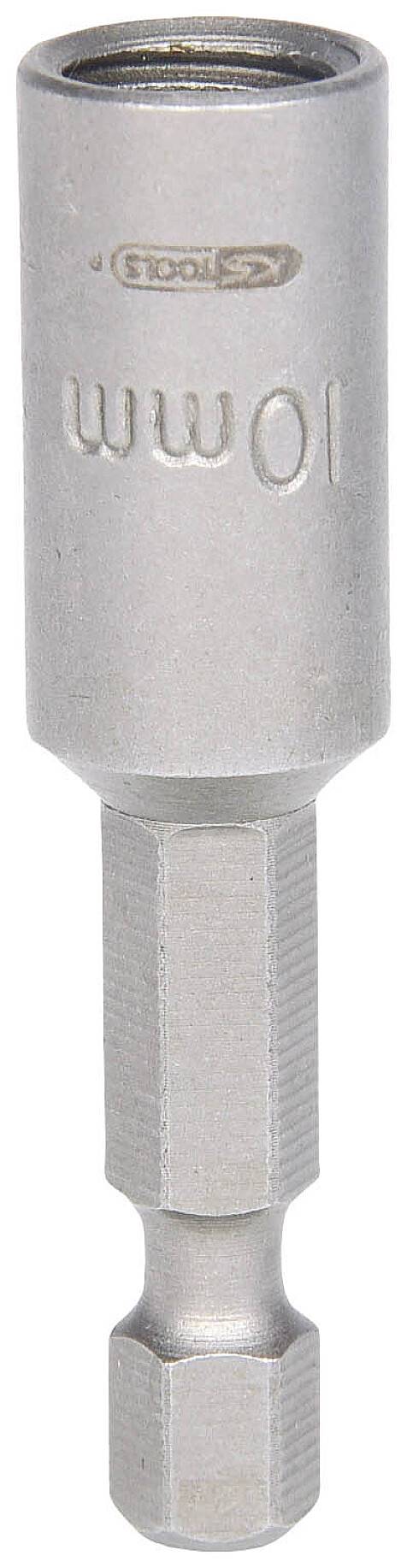 Fémből készült hatszögletű befogású dugókulcs akkus csavarhúzóhoz, '10 mm' felirattal.
