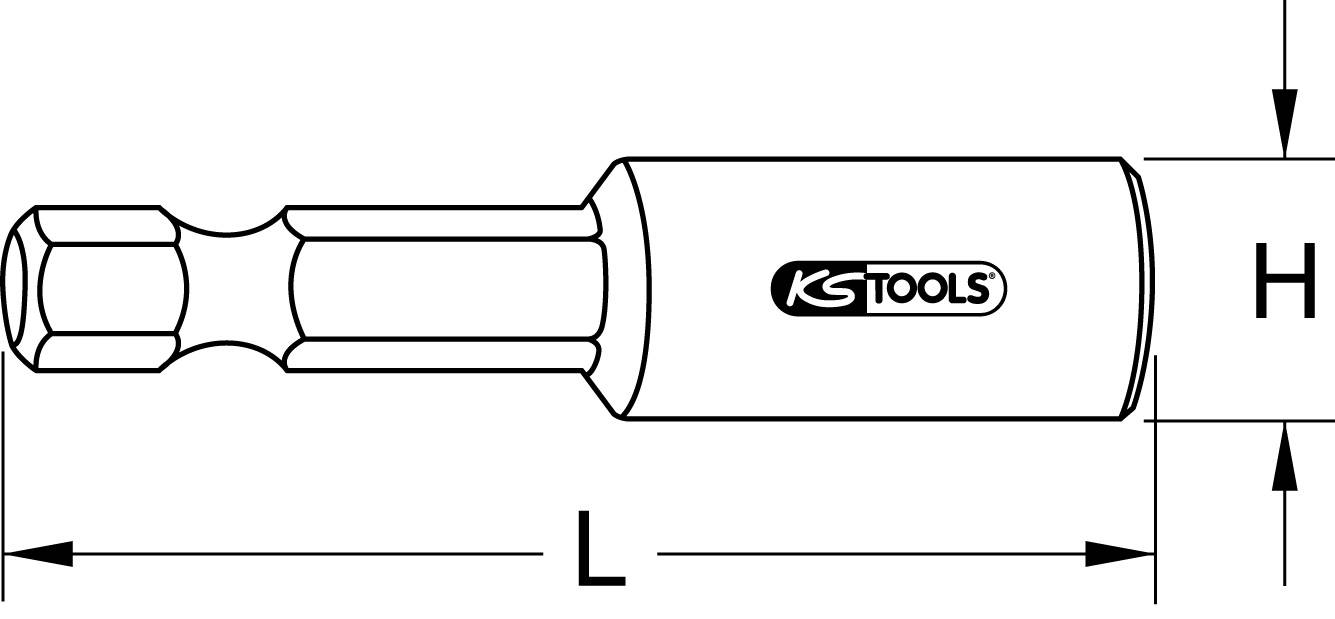 A 'KS Tools' bit hatszögletű formában, bal oldala látható, L hosszméret és H magassági méret feltüntetve.