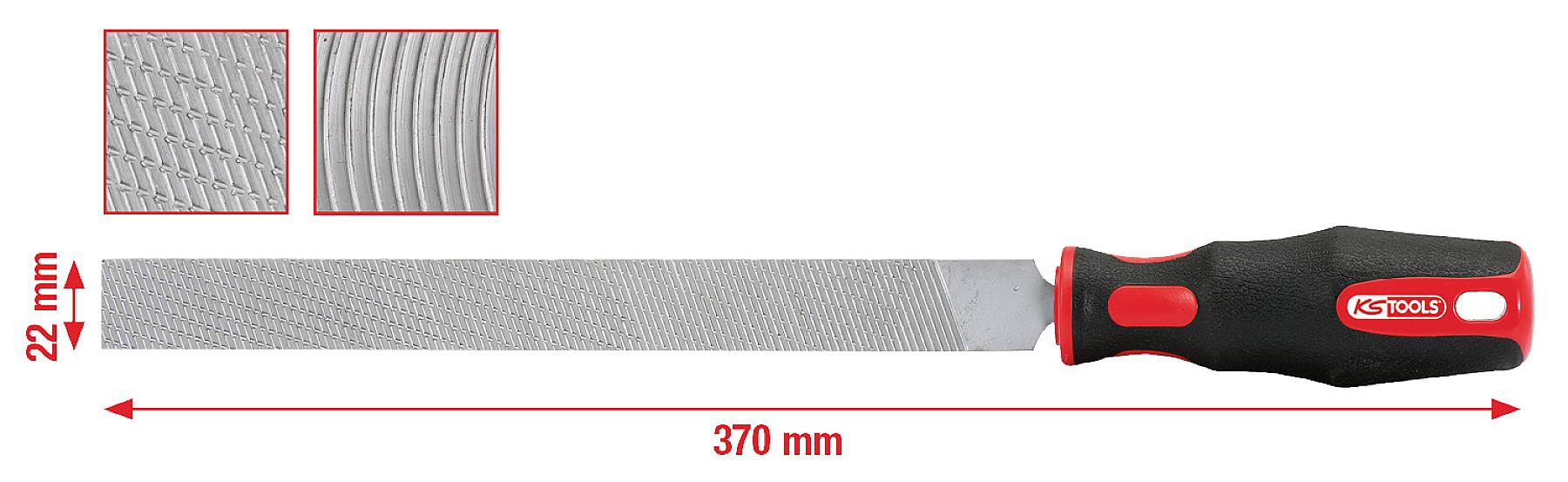 Reszelő piros és fekete fogantyúval, 370 mm hosszú, 22 mm széles, a reszelő felületének közelképeit mutatja. Alkalmas fa- vagy fémmegmunkáláshoz.
