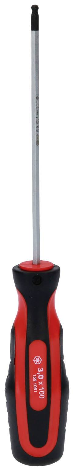 Torx-csavarhúzó piros és fekete nyéllel, hosszú, vékony fémszárral. Alkalmas Torx-csavarokhoz.