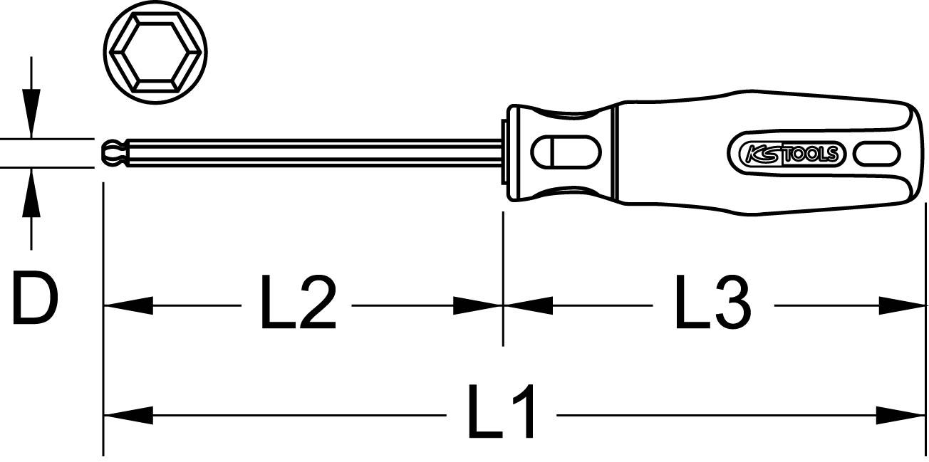 Egy csavarhúzó hosszméreteit ábrázoló diagram: Teljes hossz (L1), nyél (L2) és markolat (L3). A nyél végén lévő átmérő (D) jelölve.