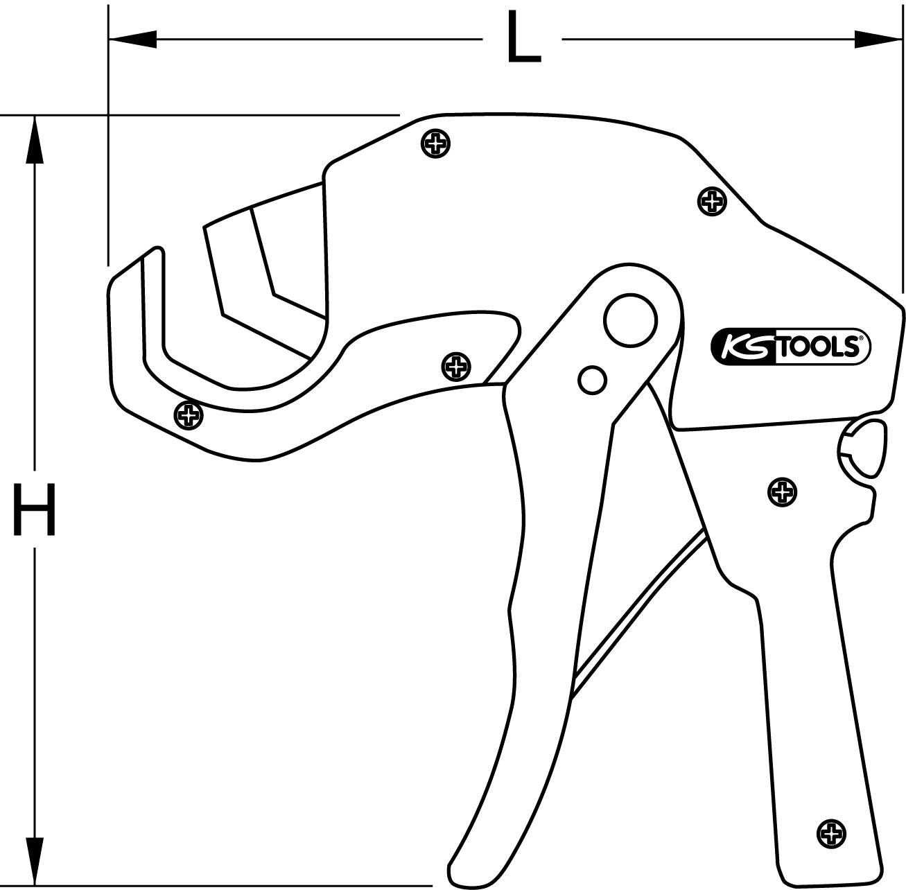 Mechanikus markolatú metszőfogó 'KS Tools' jelöléssel. Az M és H betűk magasságot (Height) és hosszúságot (Length) jelentenek, nyilakkal ábrázolva.