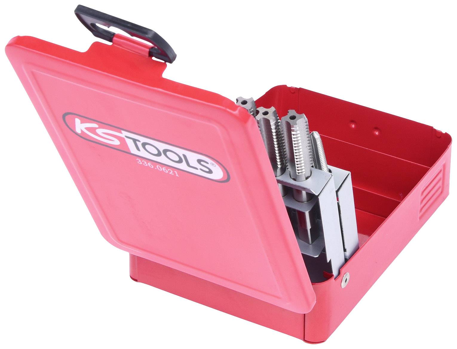 Piros KS Tools szerszámosláda nyitott tetővel, több fémrészletet tartalmaz.
